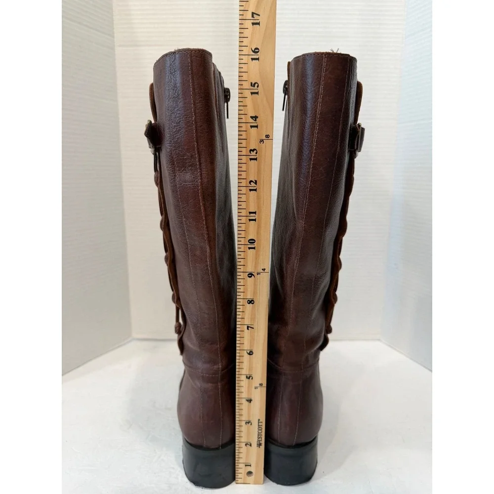 NICOLE Brown Leather Braided Buckle Tall Equestrian Zip Up Riding Boots 9.5M